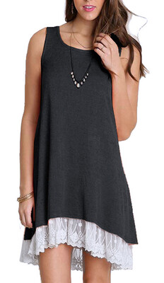 

Dresses Casual Women Ladies Sleeveless Swing Holiday Beach Summer Dress Womens Round Neck Casual Lace Patchwork Loose T Shirt