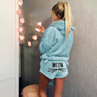 

Womens Solid Color Cute Cat Pajama Suit