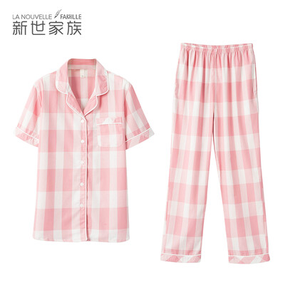 

New World Family Couple Pajamas Summer 2018 New woven Plaid Cotton Cardigan Short Sleeve Home Service Set Pink