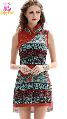 

S M L High Quality chest 83-91cm Chinese styles new summer 2015 floral print stripe mini short dress women sleeveless bandage