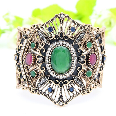 

New Turkish Women Adjustable Cuff Resin Flower Bangle Bracelet Antique Gold Color Arab Pulseiras Feminino Bride Jewelry Bangles