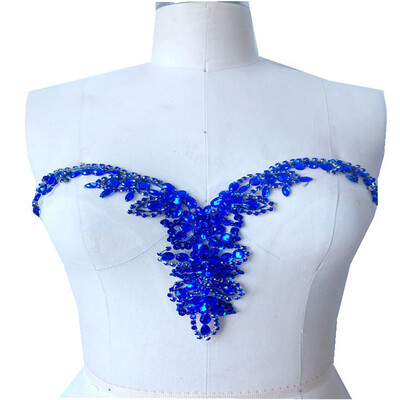 

Чистое ручное королевское синие сшитые на Rhinestones applique на сетчатых кристаллах пятна 34x18cm платье аксессуар