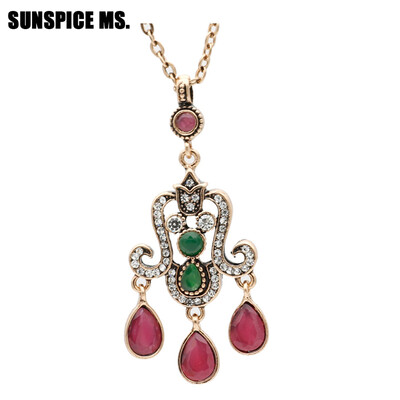 

Vintage Turkish Women Long Flower Pendant Necklace Antique Gold Color Resin Retro Jewelry Indian Bohemia Wedding Drop Necklace