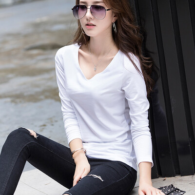 

2018 spring&summer new solid color V-neck T-shirt womens cotton long-sleeved shirt