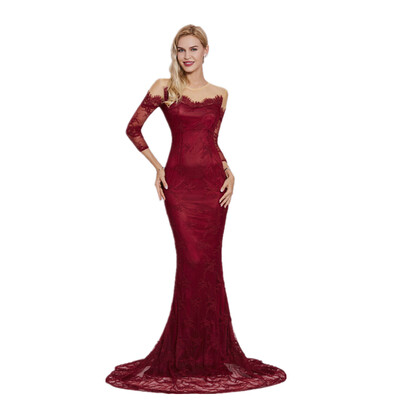 

CAZDZY Scoop Neck Long Sleeves Lace Mermaid Evening Dress Burgundy