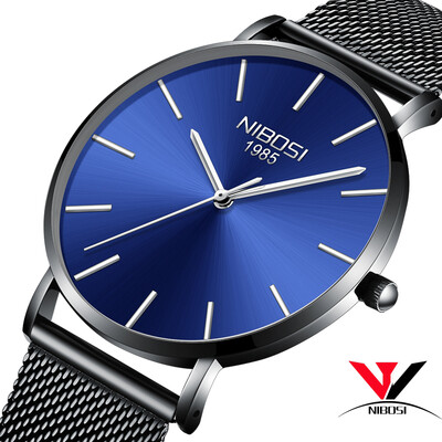 

NIBOSI Men Blue Watch Ultra thin Fashion Male Wristwatch Mesh Watchband Business Watches Waterproof Black Clock Relogios Quartzo