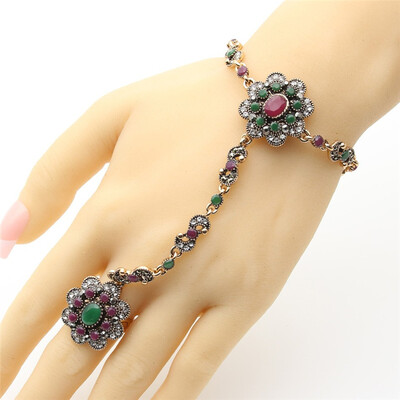 

Великолепный Rhinestone ювелирные изделия Турция женщин браслет кольцо Установить Смола Цветок Ретро Золотой цвет Этнические бижут