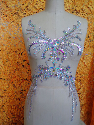 

Pure hand made sew on Rhinestones applique clear AB colour crystals patches 5228cm DIY dress accessory