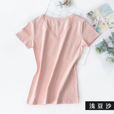 

Kangshu DaiShu solid color simple short-sleeved T-shirt ladies V-neck slim half-sleeved T-shirt tops wild cotton bottoming shirt shallow bean paste M