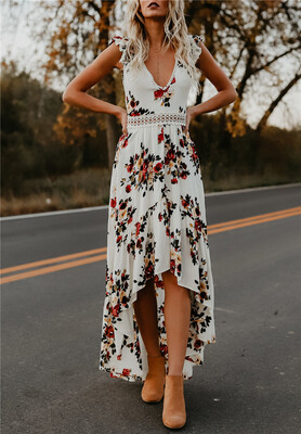 

Womens Deep V-Neck Floral Chiffon Maxi Dress
