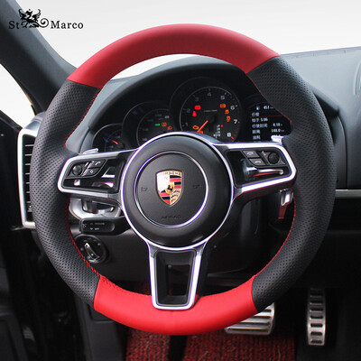 

St Mark Porsche special leather suede fleece hand sewing steering wheel cover all inclusive Porsche Cayenne 15-19 CU-005 red leather black perforated leather red line