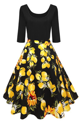 

MisShow O Neck Party Dress Lemon Flower Printed Vintage Dress 1950s Light Yellow Summer Women Dress S-4XL Plus Size Party Dress