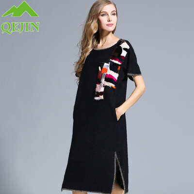 

2017 winter wool dresses women sheeps woolen loose dress Thick warm Mid-long short sleeve female dress patchwork fur plus sizes X