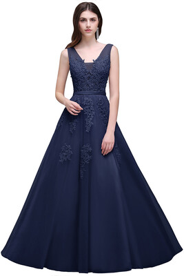

Lace A-line Long Evening Prom Formal Dresses V-neck Party Pageant Bridesmaid Gown 2018