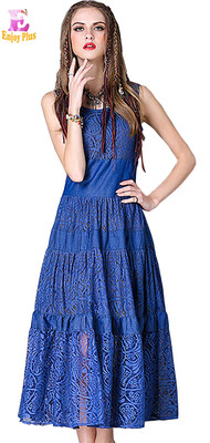 

M L High Quality chest 84 - 92cm vintage cotton new summer 2018 blue lace long dress women sleeveless denim maxi ankle length