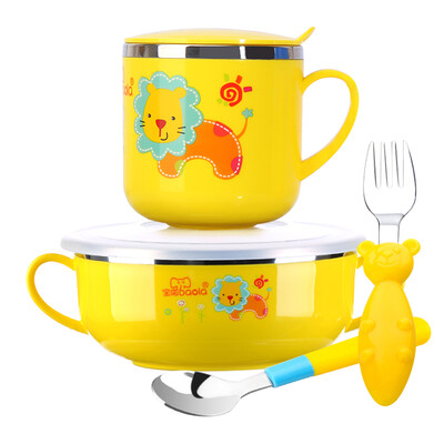 

Bao La childrens tableware baby food supplement bowl spoon set baby stainless steel insulation bowl lunch box shatter-resistant anti-hot fork spoon bowl newborn supplies set yellow 3030