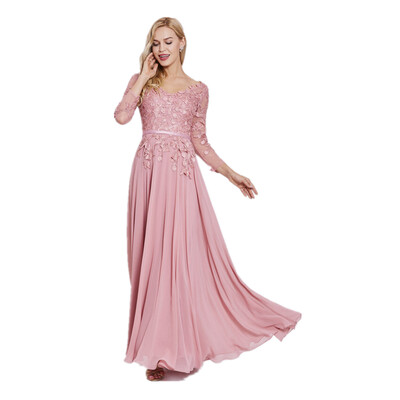 

CAZDZY V Neck Long Sleeves Appliques A Line Evening Dress Peach