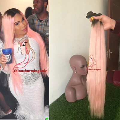 

Human Weaving bundles dark roots 1b Pink Ombre Color Brazilian silky Staight 3 Bundles lot