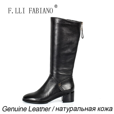 

FLLIFABIANO Winter Causal Style Long Boots Black Low-heel Round Girls Leather Boots with Zipper Bright Metal Buckle YM14817-26