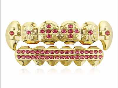 

Sally Xu Hip-Hop Golden Teeth Grill Top And Bottom Grill Tooth Mouth Punk Teeth Hats Costumes Party Dental Rapper Hands Jewelry Gi