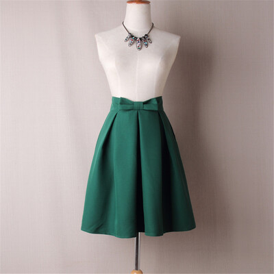 

BACHASH Elegant Women Skirt High Waist Pleated Knee Length Skirt Vintage A Line Big Bow Red Black Side Zipper Skater Skirts Red