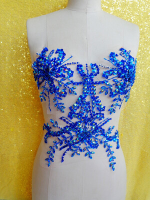 

Deep blue Handmade crystal patches sew on trim Rhinestones applique with stones sequins beads 3434cm for dress