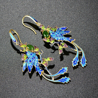 

925 Sterling Silver Jade Earrings Cloisonne National Phoenix Earrings