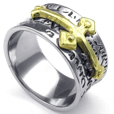

Hpolw Mens Stainless Steel deft designbeautiful design black Carved with sacred Fu Wen Golden cross ring
