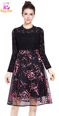 

XL XXL 3XL 4XL 5XL plus size elegant new spring 2018 lace dress women big size long sleeve black flower print midi belt female