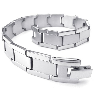 

Hpolw Mens silver Stainless Steel Bolt buttoned Bracelet and Classic Simple design Link Wrist geometry pattern Bracelet