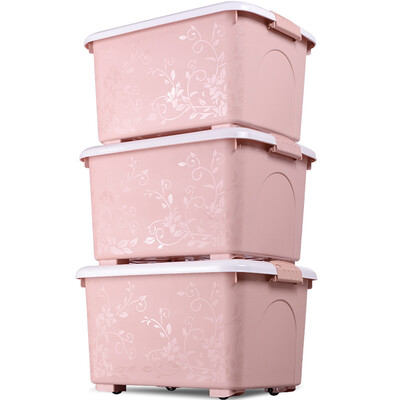 

Baicaoyuan new colorful carved plastic box storage box clothes debris finishing storage box with pulley 50L 3 loaded Nordic powder