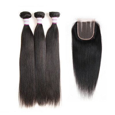

Racily Hair Brazilian Virgin Hair Straight 3 Bundles with Closure Natural Black Remy Human Hair Extensions with Lace Closure