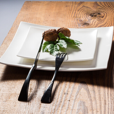 

Enjoy the Jingdezhen square pure white bone porcelain steak plate salad plate Western dish knife&fork 4 sets