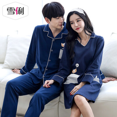 

Snowy spring cotton couple pajamas sexy V-neck women nightdress sports can wear mens long-sleeved cotton suit womens blue