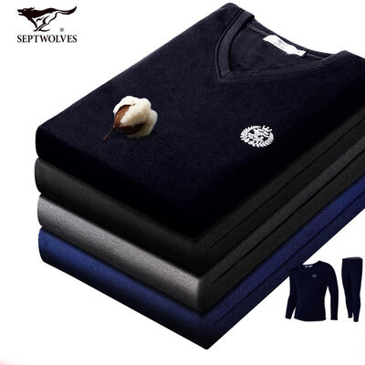 

Seven wolves thermal underwear men plus velvet thick set invisible V-neck mens autumn&winter velvet autumn clothes long pants set 99295 Navy blue