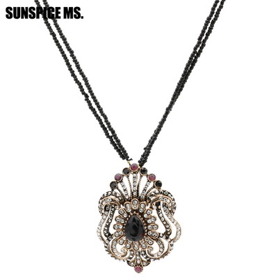 

Ethnic Festival Gift Long Seed Bead Flower Necklace Sets Turkish Antique Gold Hollow Pendant Necklace Indian Vintage Jewelry