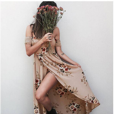 

Боо Стиль Длинные платья женщин с плеча Beach Summer Dress Цветочные печати Vintage шифон Maxi платье