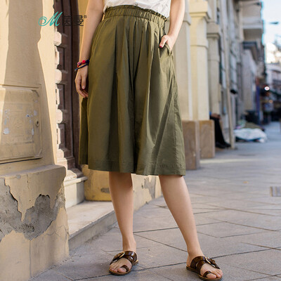 

INMAN 2018 summer new double pocket wood ear elastic waist wild pleated skirt skirt skirt skirt long skirt 18821VP10037 shallow army green M