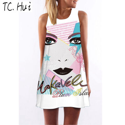 

fashion 2018 new trend digital printing round neck strapless dress