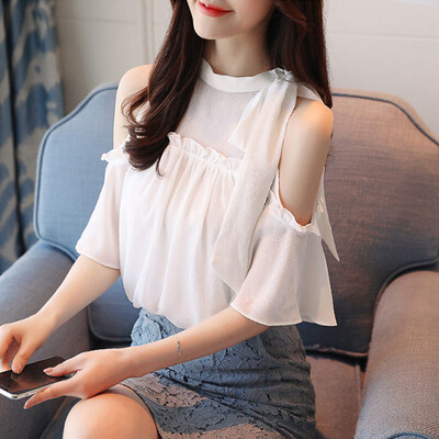 

Langyue womens 2018 summer new Korean short-sleeved chiffon shirt female temperament leaking shoulder lotus sleeves shirt LWXS184116 white L