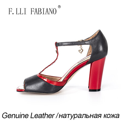 

FLLIFABIANO 2015 Summer Women Sandals High Heel Red T-Strap Sandals X2125-02E-5 with Golden Chians Soft Leather Women Shoes