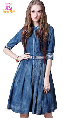 

M L High Quality chest 86-94cm vintage cotton summer 20178 blue jeans dress women 12 sleeve denim midi embroidery belt A line