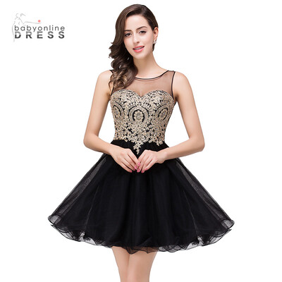

2018 New Arrival Black Homecoming Dresses ｜ Gold Appliques Short Cocktail Dresses