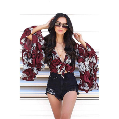 

Try Everything Long Sleeve Ruffle Blouse Women Summer 2018 Bandage Fashion Summer Tops for women V-Neck Floral Print Sexy Blouse