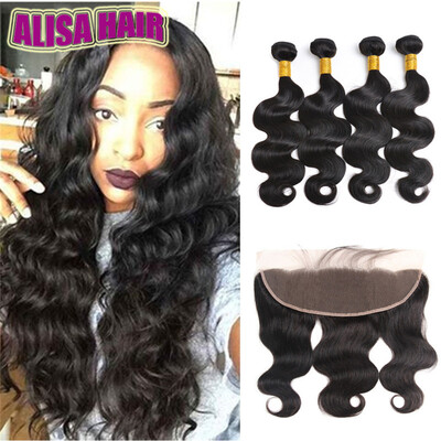 

Brazilian Body Wave Lace Frontal Closure Middle Free Three part 134 Virgin Human Hair Ear to Ear Lace Frontal 4 Bundles With Clos