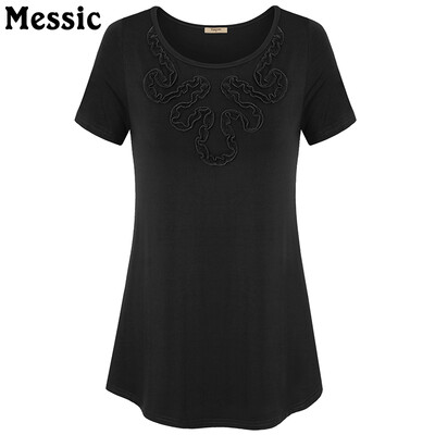 

Vintage Appliques Flower Female T-shirt Short Sleeve O-Neck Women Casual Solid Tee Curved Hem Femme Casual Tops Plus Size