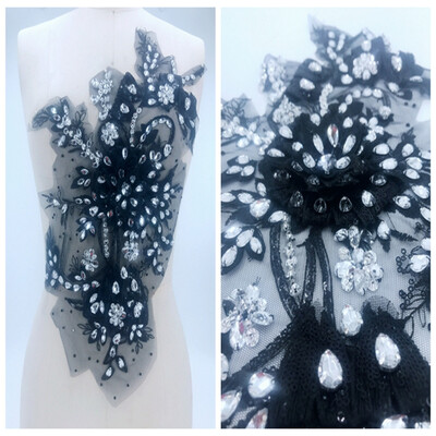

Pure hand made sew on black lace applique with beads rhinestones patches 4327cm for dress accessory