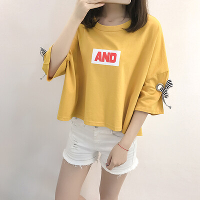 

JOY OF JOY 2018 summer new Korean casual fashion letter short-sleeved T-shirt tied bandwidth loose five-point sleeve bottoming shirt female JWTD183840 yellow