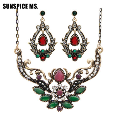 

SUNSPICE MS Vintage Turkish Resin Drop Water Earrings Thin Chain Necklace Indian Jewelry Sets Dropshipping Bridal Bijoux Gift