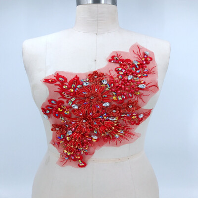 

Red Three-dimensional lace applique with handsewing beads rhinestones trim patches 3823cm for dress accessory